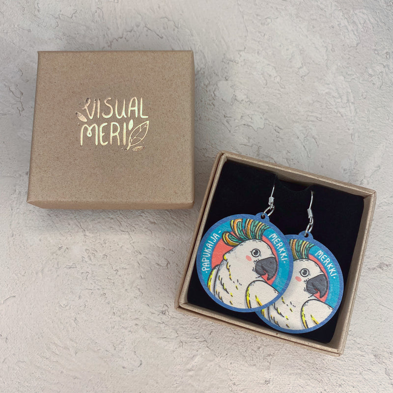 Papukaijamerkki Kakadu -vanerikorvakorut